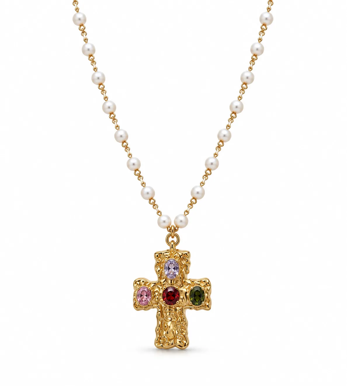Baroque Pearl & Multicolour Gemstone Cross Necklace